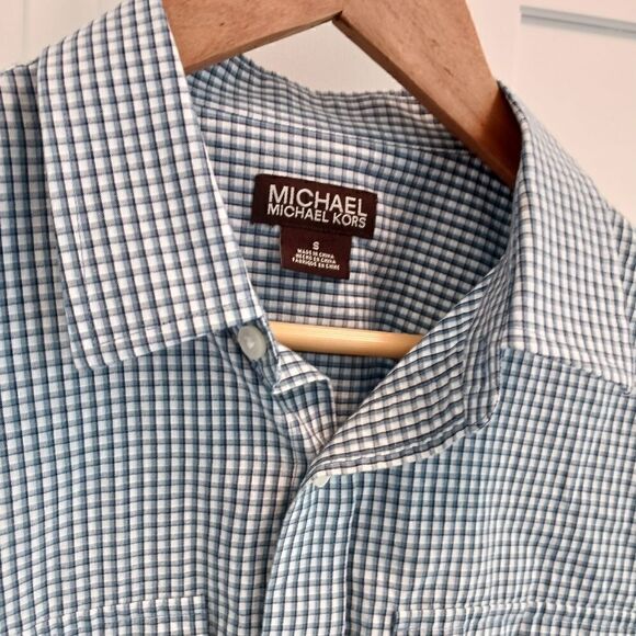 Mens Michael Kors Button Down Shirt Checked Blue White - Picture 2 of 13
